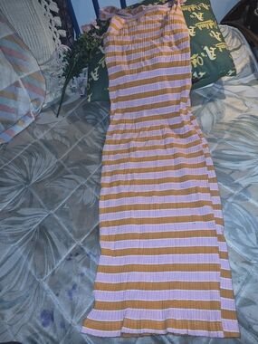 Striped Pink and Orange Ribbed Midi Dress